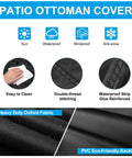 Diagram of patio ottoman cover features: waterproof, windproof, sun protection, anti-snow, heavy-duty Oxford fabric, PVC backing