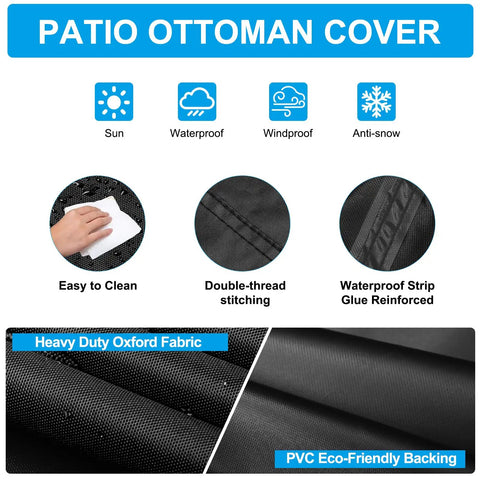Diagram of patio ottoman cover features: waterproof, windproof, sun protection, anti-snow, heavy-duty Oxford fabric, PVC backing