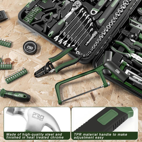 259 Piece Home And Car Tool Kit With Portable Plastic Storage Toolbox showing chrome vanadium tools and ergonomic grips