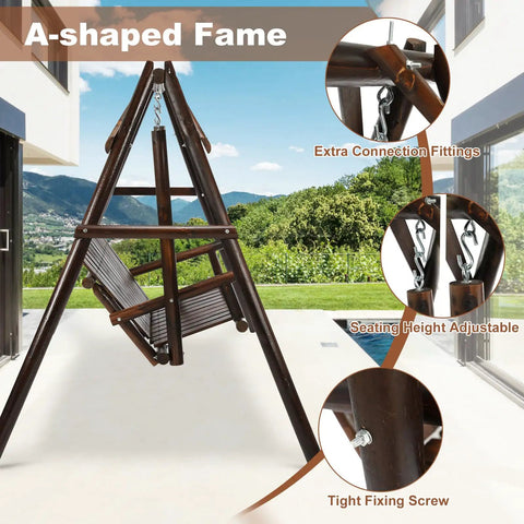 Wooden 2-Seat Porch Swing With A-Frame Stand For Outdoor Patio Garden Bench Slatted Design Carbonized Finish with fittings