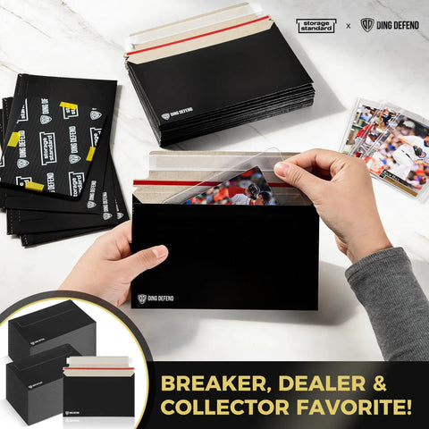 7 By 4.35 Inch Black Card Mailers For Trading Cards Self Adhesive Premium Shipping Envelopes That Fit Semi Rigid Sleeves Toploaders And Ding Defend Protectors Perfect For Hobby Card Shipping shown with hands inserting trading cards.