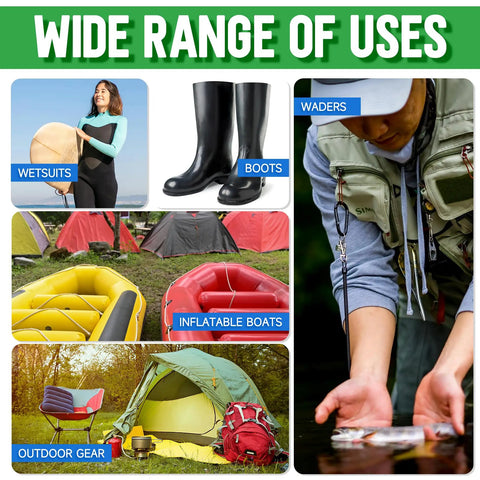 Collage of wetsuit, boots, waders, inflatable boats, outdoor gear, showcasing Flexible Waterproof Wader Patch Kit For Fixing Rips Tears And Holes In Boots Waders Wetsuits PVC Inflatables And Outdoor Gear With A Tough As Nails Waterproof Adhesive For A Strong Lasting Bond In Wet Conditions use.