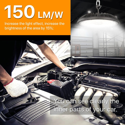 Beastly Bright 250W LED High Bay Light 37,500 Lumens 5000K UFO Bay Lighting For Workshop Garage And Warehouse Durable 150 Lumens Per Watt High Efficiency Illumination illuminating a car engine in a garage.