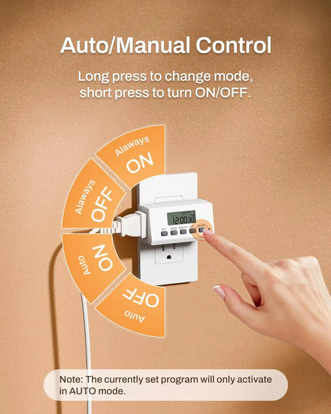 Indoor Digital Timer Outlet With 24 Hour Scheduling being set up with hand and control panel