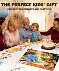 Family celebrating with Fun DIY Cardboard Animal Toys 3D Coloring Puzzle Arts And Crafts Kit For Kids Ages 4 To 8 on table.