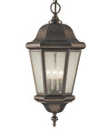 Martinsville Three Light Outdoor Pendant Lantern in black aluminum with clear seeded glass, chain hanging