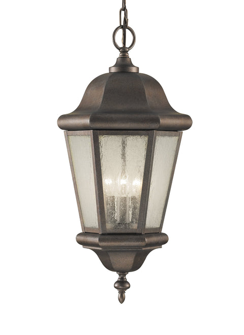 Martinsville Three Light Outdoor Pendant Lantern in black aluminum with clear seeded glass, chain hanging