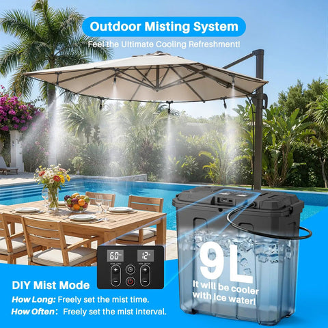 Portable Misting System With 9L Water Bucket And Built In 10000mAh Battery PCS Pump for outdoor cooling on a patio