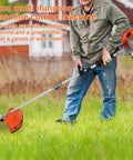 Man using Beast Mode Gas Powered 6 In 1 Weed Eater Yard Tool with 52cc 2 Stroke Engine in a field
