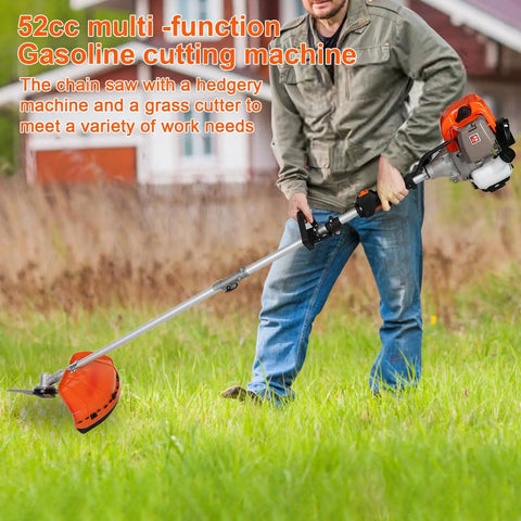 Man using Beast Mode Gas Powered 6 In 1 Weed Eater Yard Tool with 52cc 2 Stroke Engine in a field