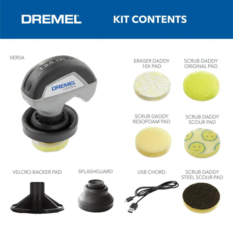 Versa Power Scrubber Grout Brush And Shower Cleaning Tool with scrub pads, splashguard, Velcro backer, and USB charger.