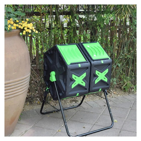 Outdoor 140L Dual Chamber Rotary Compost Bin For Backyard Garden Waste Transforming Kitchen Scraps Into Rich Fertilizer