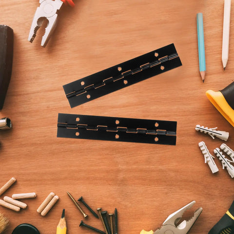 Heavy Duty Iron Piano Hinges Set For Doors And Cabinets, 6 Inch Continuous Metal Hinges on a woodworking table with tools.