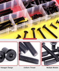 84 Piece M6 Hex Drive Socket Cap Bolts Set With Countersunk Heads, black zinc finish in storage box, various sizes visible