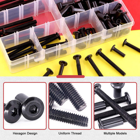84 Piece M6 Hex Drive Socket Cap Bolts Set With Countersunk Heads, black zinc finish in storage box, various sizes visible