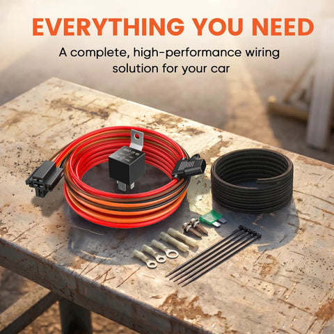 Electric Fuel Pump Relay Kit 40 Amp Waterproof Tough As Nails Relay Wiring Harness With Nylon Wire Loom And Long Wires Universal Fit For 12V Cars Trucks SUVs, relay kit parts on table