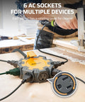 Rock Solid 15 Foot Heavy Duty Extension Cord With Weather Resistant Cover And Six Outlet Power Hub featuring 6 AC sockets for multiple devices.