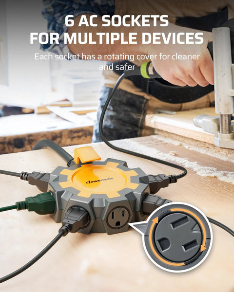 Rock Solid 15 Foot Heavy Duty Extension Cord With Weather Resistant Cover And Six Outlet Power Hub featuring 6 AC sockets for multiple devices.