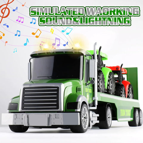 Massive 27 Inch Friction Powered Semi Truck Playset With Two Tractors Farm Vehicle Set For Toddlers And Kids Ages 3 4 5 6 Years Old