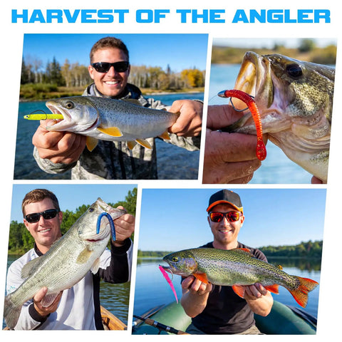 Anglers with fish caught using Pro Grade All In One Bass Fishing Lures Kit With 40 Soft Plastic Baits and assorted hooks.