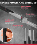 16-piece punch and chisel set showing sharp edges, heat-treated CR-V steel, hex shanks, and angle gauge for precise work