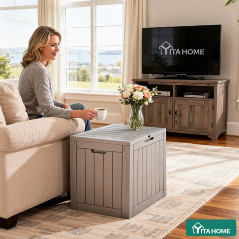 31 Gallon Outdoor Storage Deck Box With Lockable Lid, waterproof resin construction used as side table indoors, taupe color.