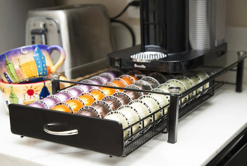 Vertuoline Coffee Pod Holder With Tempered Glass Drawer Deluxe Size Holds Up To 40 Pods For VertuoLine Capsules Keeps Your Countertop Organized And Clutter Free Boss Level Glass Drawer Organizer For Espresso Pods with colorful capsules