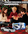 Children exchanging gifts next to Cyber Inspired Transformer Remote Control Car For Kids 2.4 GHz RC Vehicle box.