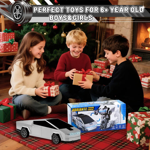 Children exchanging gifts next to Cyber Inspired Transformer Remote Control Car For Kids 2.4 GHz RC Vehicle box.
