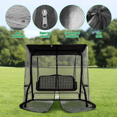 Premium Patio Swing Mosquito Netting For 2 To 3 Seater Outdoor Swing Black Mesh With Double Zipper Opening Roof Waterproof Tent