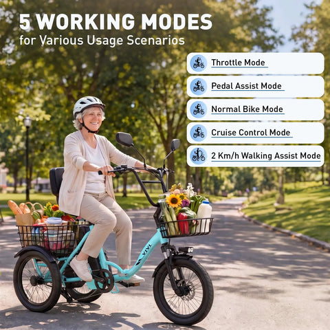 Fat Tire Electric Trike For Adults With Basket Foldable 1000W Peak Motor 3 Wheel Ebike With 18x3 Fat Tires 48V 648Wh Removable Battery Step Through Design Pedal Assist Up To 55 Miles, rider with front and rear baskets