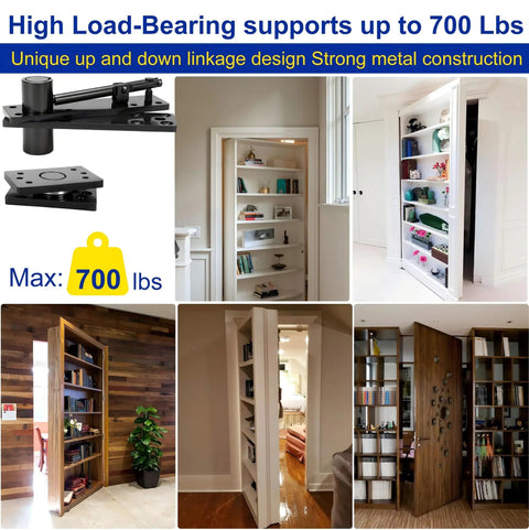 Badass Heavy Duty Hidden Door Hinge Built Different With Solid Alloy Steel Core supports up to 700 lbs in various bookshelf designs.
