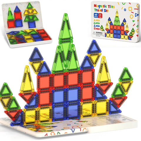 On The Go Magnetic Tiles For Kids 40Pcs STEM Building Blocks with play base and visual guide shown in colorful structure.