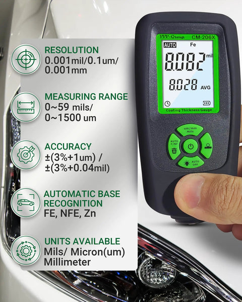 Auto Paint Thickness Gauge For Car Panels CM-206X Coating Meter With 0 To 59.1 Mils Range And 0.001 Mil Resolution Fe NFe Zn Auto Detection Ruby Probe Great For Door Hood Roof And Quarter Panel Inspections, black green handheld on car panel