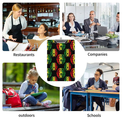 Flag Rasta Print Acrylic Clipboard With Durable Smooth Writing Surface And Clear See Through Deck Holds A4 Or US Letter Papers, shown in use