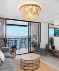 Stylish Boho Fandelier Ceiling Fan With Built In Light And Wireless Remote Six Speeds Low Profile Flush Mount Wood Beaded Detail in living room.