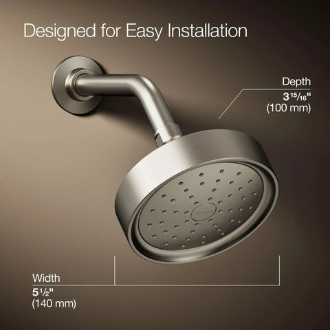 Purist Single Function Showerhead With 1.75 GPM Flow, Vibrant Brushed Nickel Finish, MasterClean Sprayface installed on bathroom wall