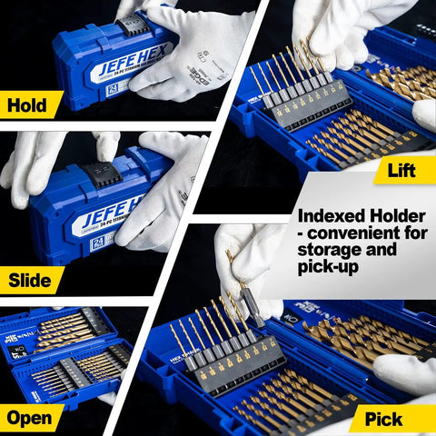 24 Piece Hex Shank Drill Bit Set For Impact Driver Titanium Coated HSS Bits in a storage case, showing hold, lift, and open functions.