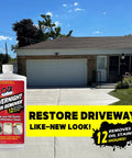 Oil Stain Be Gone Overnight Cleaner for concrete driveways near a garage, showing restored surface with product image.