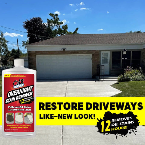 Oil Stain Be Gone Overnight Cleaner for concrete driveways near a garage, showing restored surface with product image.