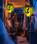 Halloween Outdoor Decoration Hot Air Balloon Solar Lantern With Flickering Flame Hanging Lanterns For A Spooky Witch Vibe Waterproof Garden Patio Decor For Halloween Party glowing on a porch with witch design