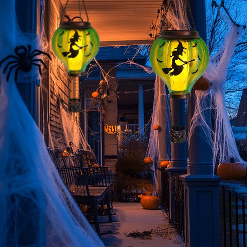 Halloween Outdoor Decoration Hot Air Balloon Solar Lantern With Flickering Flame Hanging Lanterns For A Spooky Witch Vibe Waterproof Garden Patio Decor For Halloween Party glowing on a porch with witch design