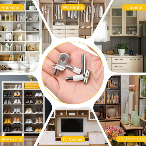 Premium Nickel Shelf Pegs Kit With 124 Pieces Of Five Smooth Styles Including L Shaped Dowel Pins and Spoon Holders for cabinet and glass shelves.