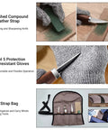 Starter Friendly Wood Whittling Kit For Adults And Beginners With 3 Whittling Knives 8 Basswood Blocks Safe Gloves And Walnut Handle Tools A Totally Fun Carving Set For Christmas Gifts Fathers Day And Mothers Day DIY Woodcraft Projects, showing sharpening knives and protective gloves.