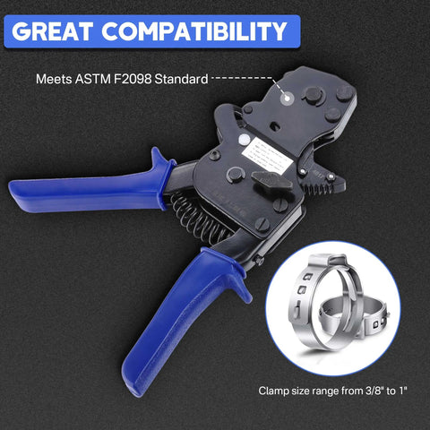 PEX Cinch Clamp Tool Kit With One Handed Ratcheting Crimper For Stainless Steel Rings Fits 3/8 To 1 Inch PEX Meets ASTM F2098
