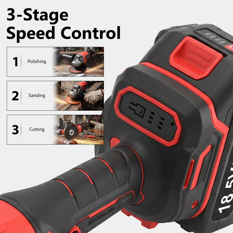 Cordless Four And A Half Inch Angle Grinder With 18.5V Brushless Motor Beefy Battery Powered Cut Off Tool Kit Includes Two 3.0Ah Batteries And Charger For Metal Stone Tile Cutting And Grinding And Rust Removal, 3-stage speed control
