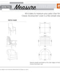Illustrated guide on measuring a patio chair for the correct cover size, showing various chair types and measurement directions.