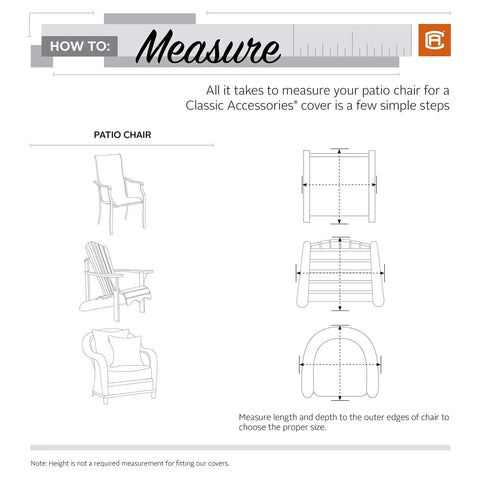 Illustrated guide on measuring a patio chair for the correct cover size, showing various chair types and measurement directions.
