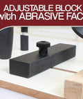Adjustable abrasive block on Pro Rail Guide Coping Sled For Router Table With Precise Clean Joints For Cabinet Doors And Drawer Fronts