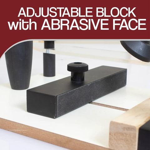 Adjustable abrasive block on Pro Rail Guide Coping Sled For Router Table With Precise Clean Joints For Cabinet Doors And Drawer Fronts